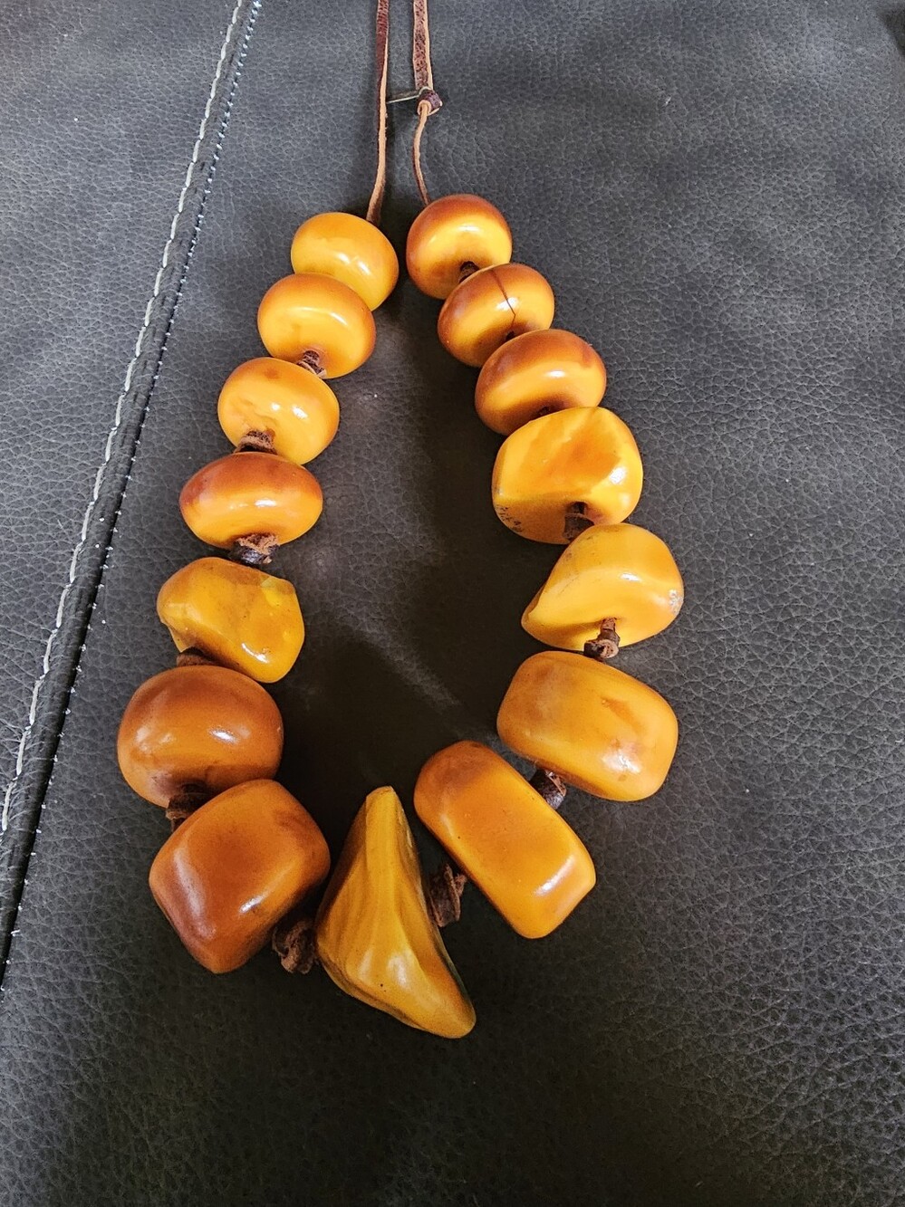 La-Bas Butterscotch Amber Handmade Resin Bead Necklace Made In Morocco Leather